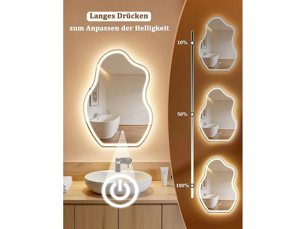 Nettlife Asymmetrische LED Badkamerspiegel 50x70cm, Touchbediening, Anti-condens, Dimbaar 3000-6500K, IP44, Wandmontage. Design Verlichte Spiegel.