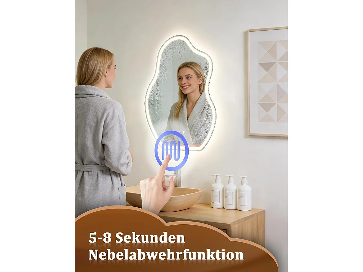 Nettlife Asymmetrische LED Badkamerspiegel 50x70cm, Touchbediening, Anti-condens, Dimbaar 3000-6500K, IP44, Wandmontage. Design Verlichte Spiegel.