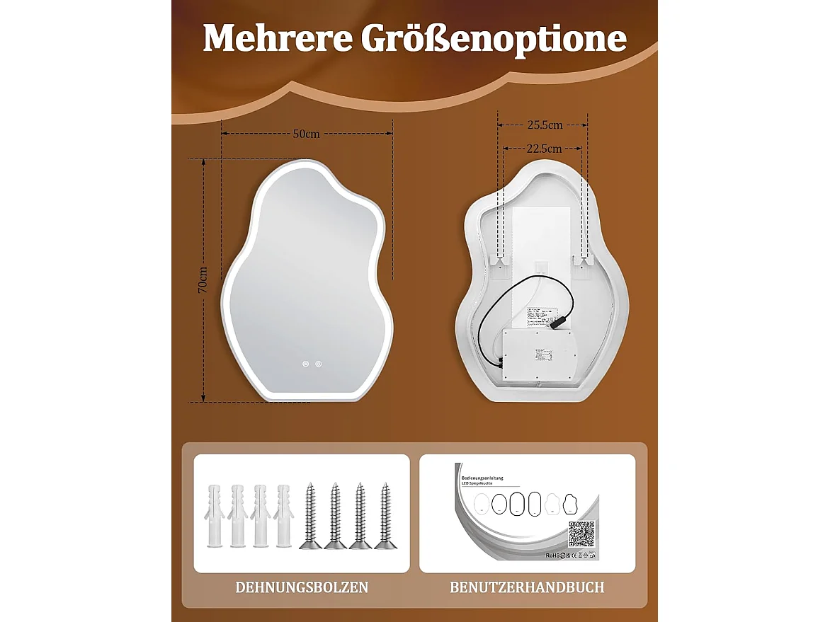 Nettlife Asymmetrische LED Badkamerspiegel 50x70cm, Touchbediening, Anti-condens, Dimbaar 3000-6500K, IP44, Wandmontage. Design Verlichte Spiegel.