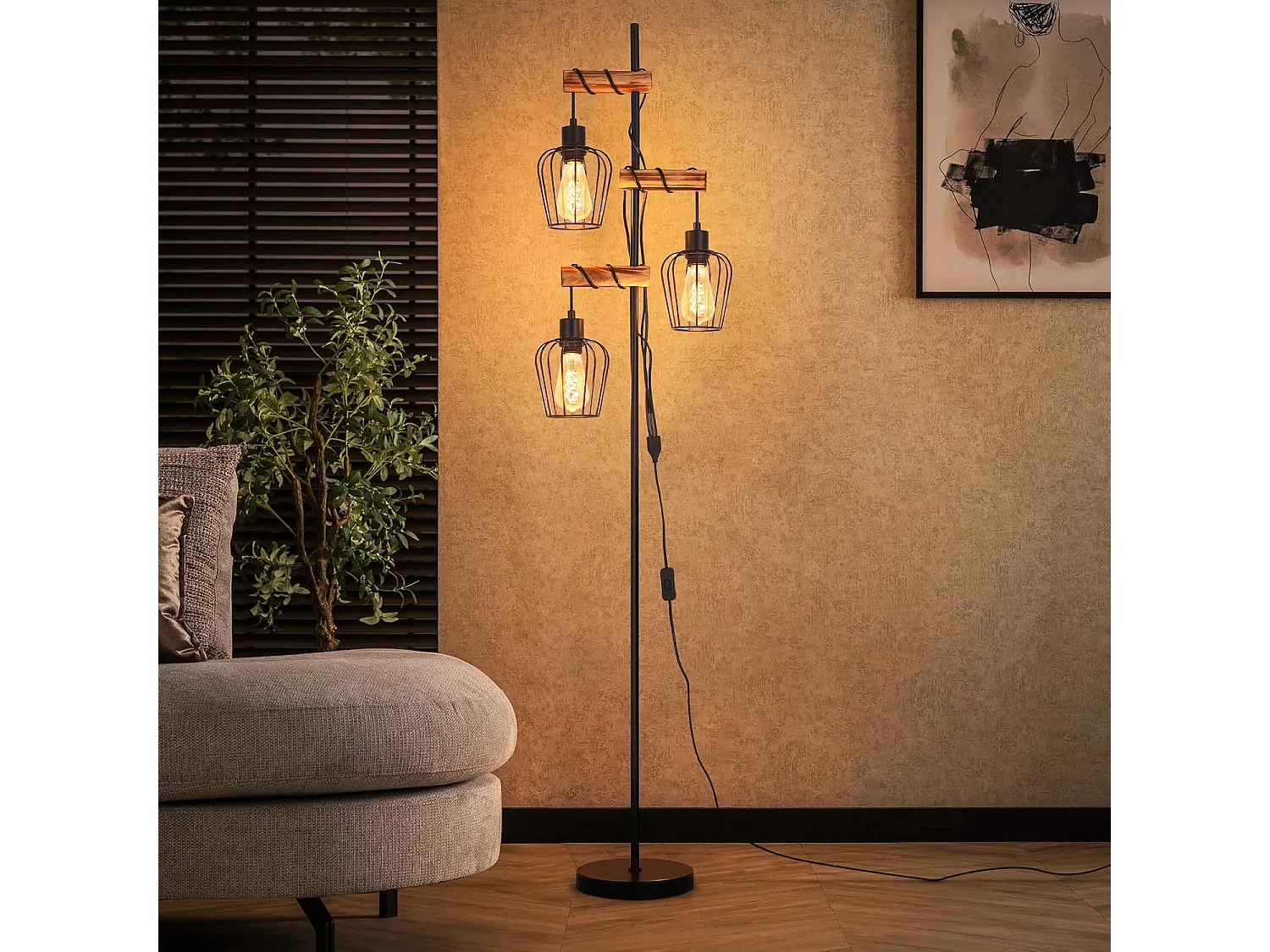 NETTLIFE Lampadaire Vintage en Bois 3 Lampes E27, Luminaire Industriel Rétro pour Salon et Chambre, Lampe de Sol Rustique Liseuse (Sans Ampoule)