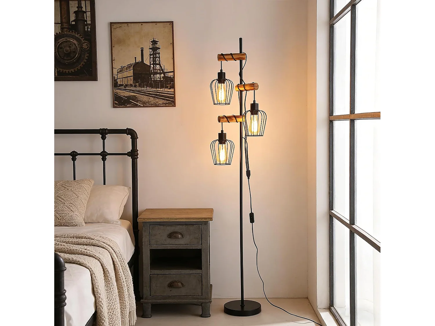NETTLIFE Lampadaire Vintage en Bois 3 Lampes E27, Luminaire Industriel Rétro pour Salon et Chambre, Lampe de Sol Rustique Liseuse (Sans Ampoule)