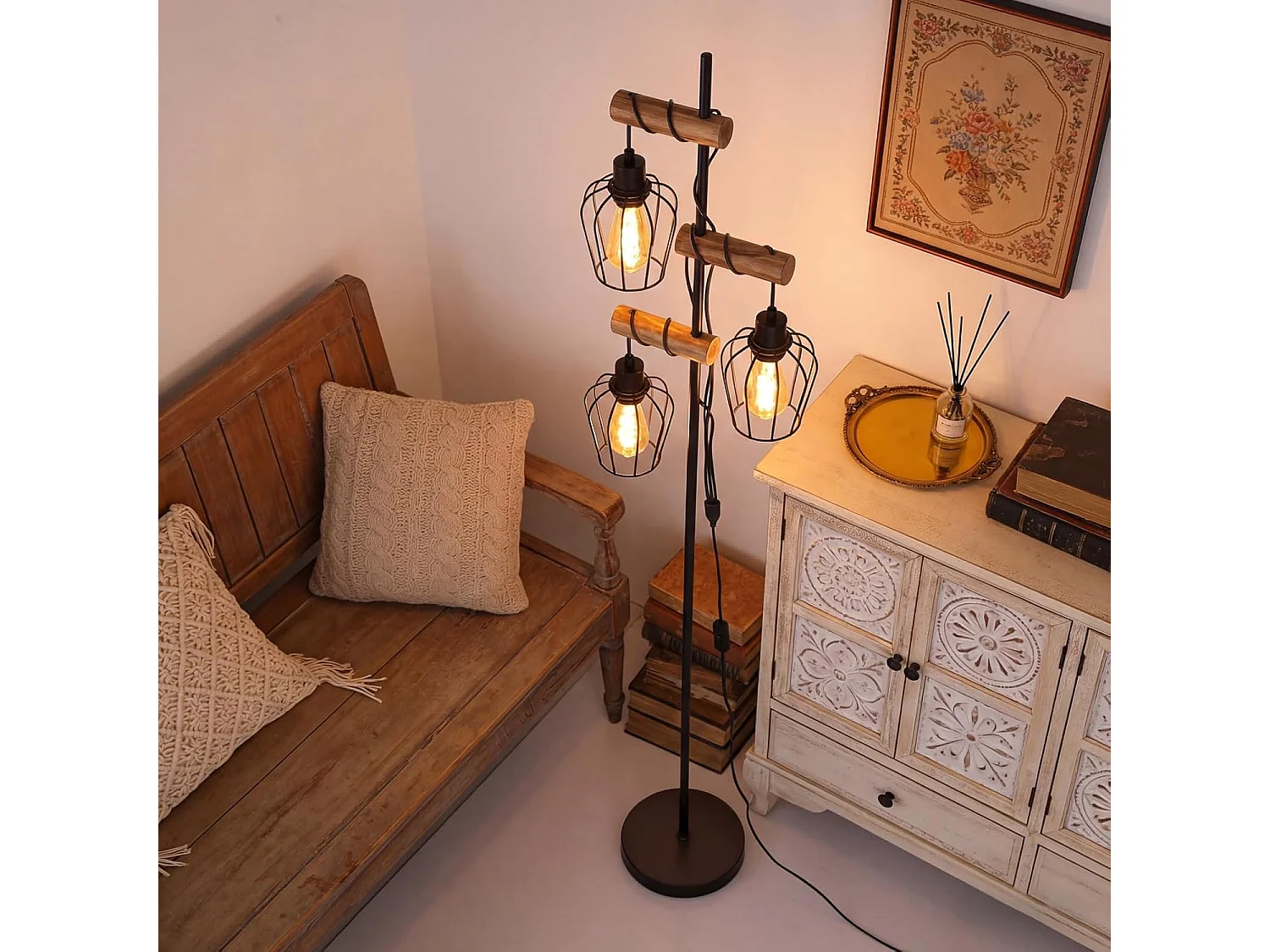 NETTLIFE Lampadaire Vintage en Bois 3 Lampes E27, Luminaire Industriel Rétro pour Salon et Chambre, Lampe de Sol Rustique Liseuse (Sans Ampoule)