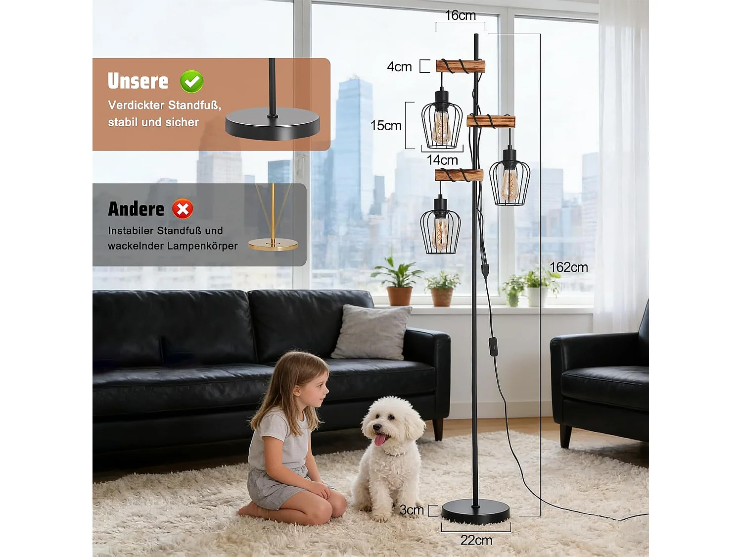 NETTLIFE Lampadaire Vintage en Bois 3 Lampes E27, Luminaire Industriel Rétro pour Salon et Chambre, Lampe de Sol Rustique Liseuse (Sans Ampoule)