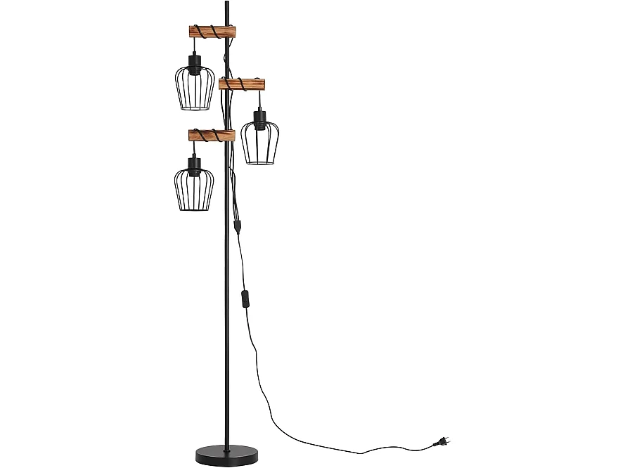 NETTLIFE Lampadaire Vintage en Bois 3 Lampes E27, Luminaire Industriel Rétro pour Salon et Chambre, Lampe de Sol Rustique Liseuse (Sans Ampoule)