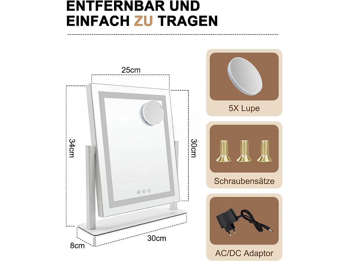 NETTLIFE Hollywood LED-Schminkspiegel 25 x 30 cm – Tisch-Kosmetikspiegel, Touch-Bedienung und Dimmfunktion, 3 Lichtmodi, klein und elegant