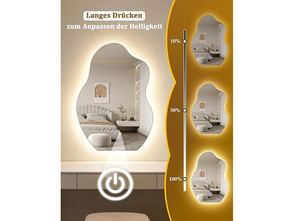 Nettlife Miroir de Salle de Bain LED Asymétrique 50 × 70 cm, Tactile, Antibuée, Dimmable 3000-6500 K, IP44, Mural. Miroir Lumineux Design., INTENSITÉ RÉGLABLE