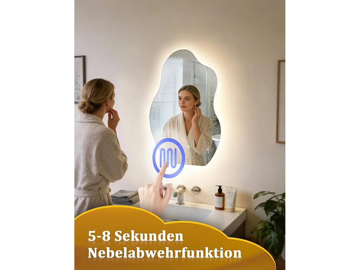 Nettlife Miroir de Salle de Bain LED Asymétrique 50 × 70 cm, Tactile, Antibuée, Dimmable 3000-6500 K, IP44, Mural. Miroir Lumineux Design., INTENSITÉ RÉGLABLE