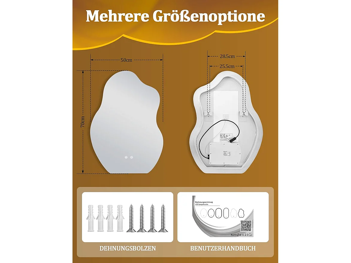 Nettlife Miroir de Salle de Bain LED Asymétrique 50 × 70 cm, Tactile, Antibuée, Dimmable 3000-6500 K, IP44, Mural. Miroir Lumineux Design., INTENSITÉ RÉGLABLE