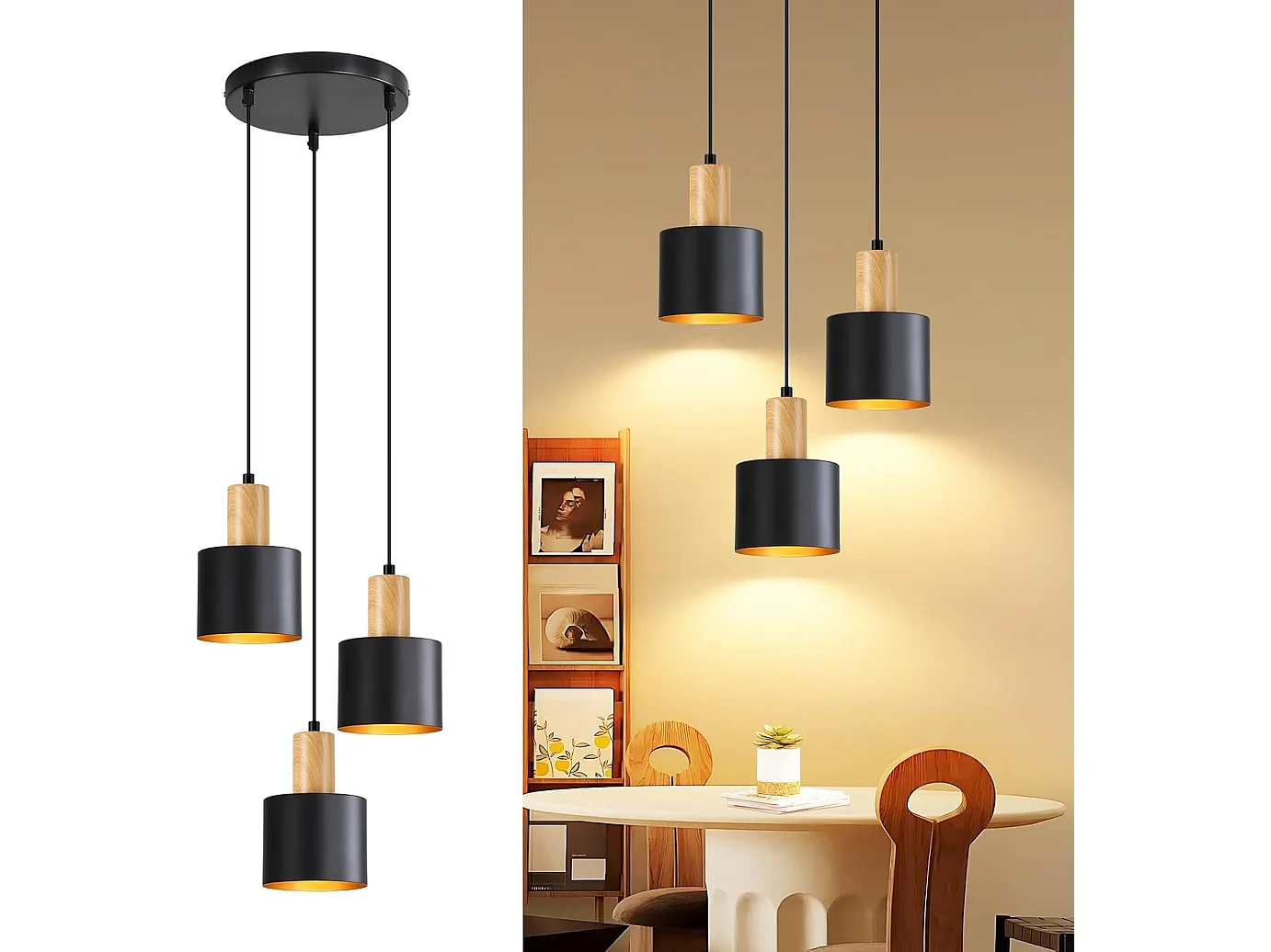 NETTLIFE Suspension Vintage Noir et Or, Lustre Salle à Manger E27 3 Lampes, Luminaire de Cuisine Hauteur Réglable pour Table et Îlot, Sans Ampoule