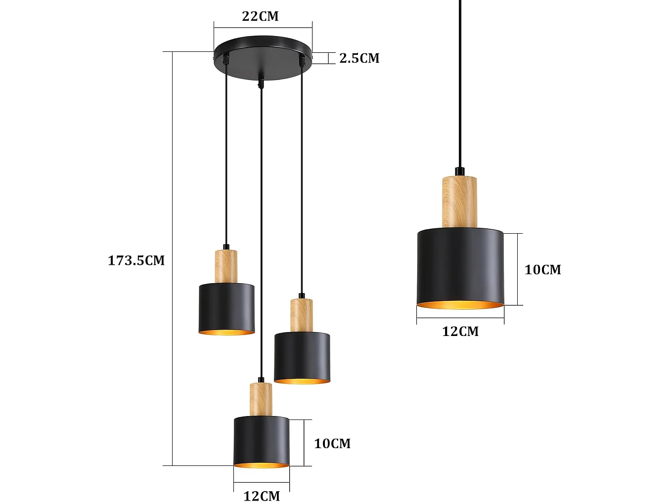 NETTLIFE Suspension Vintage Noir et Or, Lustre Salle à Manger E27 3 Lampes, Luminaire de Cuisine Hauteur Réglable pour Table et Îlot, Sans Ampoule