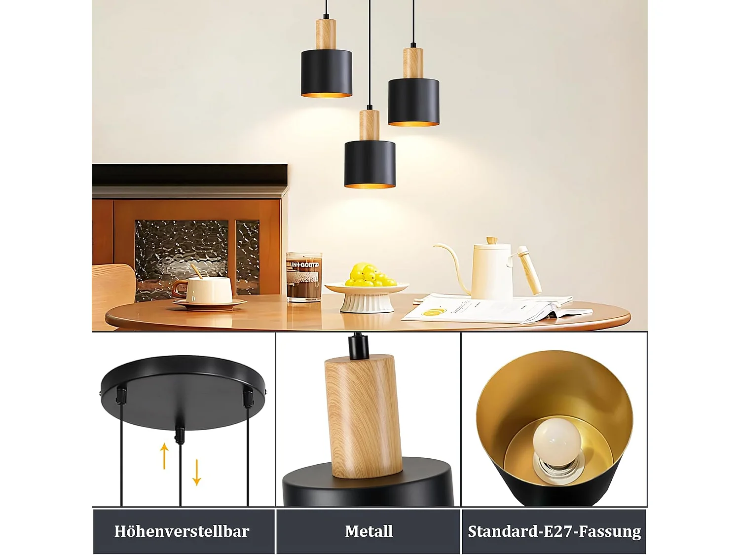 NETTLIFE Suspension Vintage Noir et Or, Lustre Salle à Manger E27 3 Lampes, Luminaire de Cuisine Hauteur Réglable pour Table et Îlot, Sans Ampoule