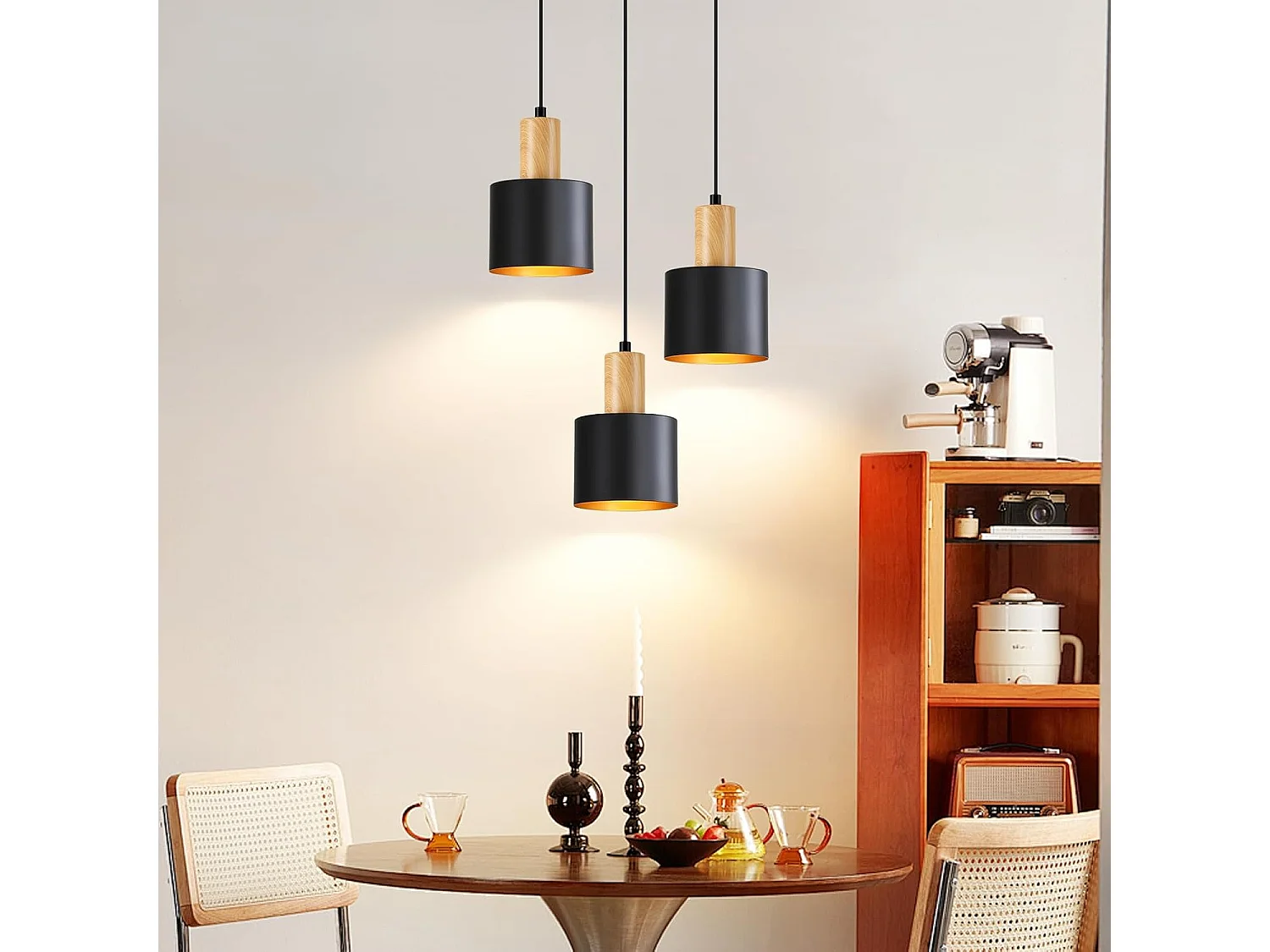 NETTLIFE Suspension Vintage Noir et Or, Lustre Salle à Manger E27 3 Lampes, Luminaire de Cuisine Hauteur Réglable pour Table et Îlot, Sans Ampoule