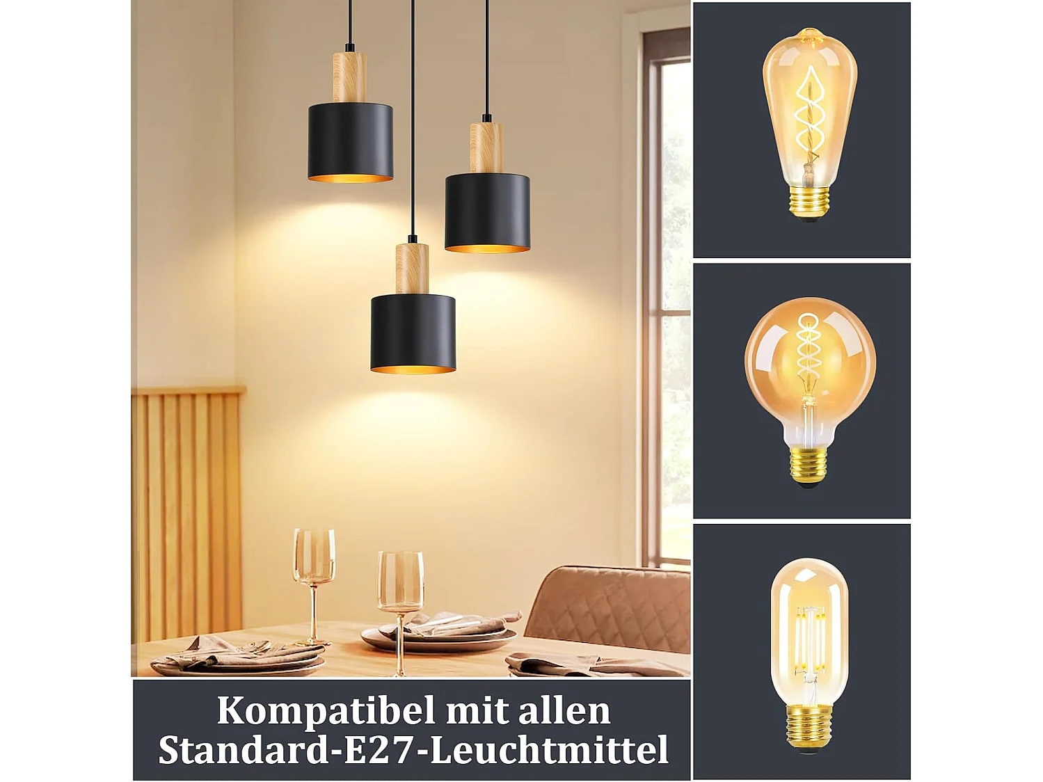 NETTLIFE Suspension Vintage Noir et Or, Lustre Salle à Manger E27 3 Lampes, Luminaire de Cuisine Hauteur Réglable pour Table et Îlot, Sans Ampoule