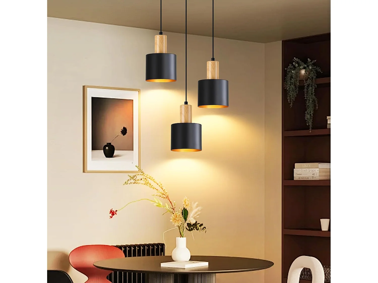 NETTLIFE Suspension Vintage Noir et Or, Lustre Salle à Manger E27 3 Lampes, Luminaire de Cuisine Hauteur Réglable pour Table et Îlot, Sans Ampoule