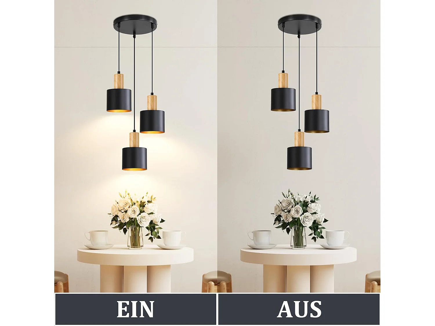 NETTLIFE Suspension Vintage Noir et Or, Lustre Salle à Manger E27 3 Lampes, Luminaire de Cuisine Hauteur Réglable pour Table et Îlot, Sans Ampoule