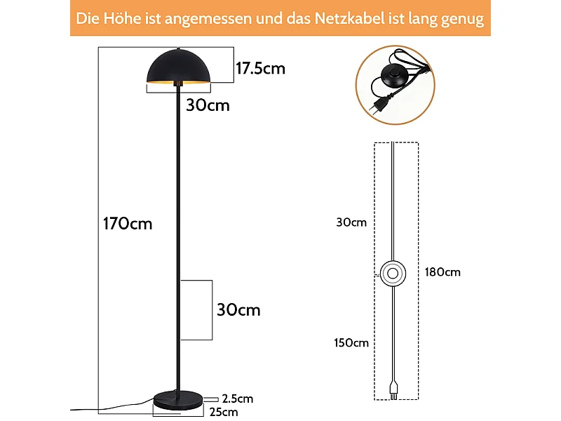 Nettlife Industrie-Stehleuchte, Schwarz und Gold, 170 cm, Metallkuppelschirm, stabiler Eisenfuß, Druckknopfschalter, elegantes Design fürs Wohnzimmer, E27