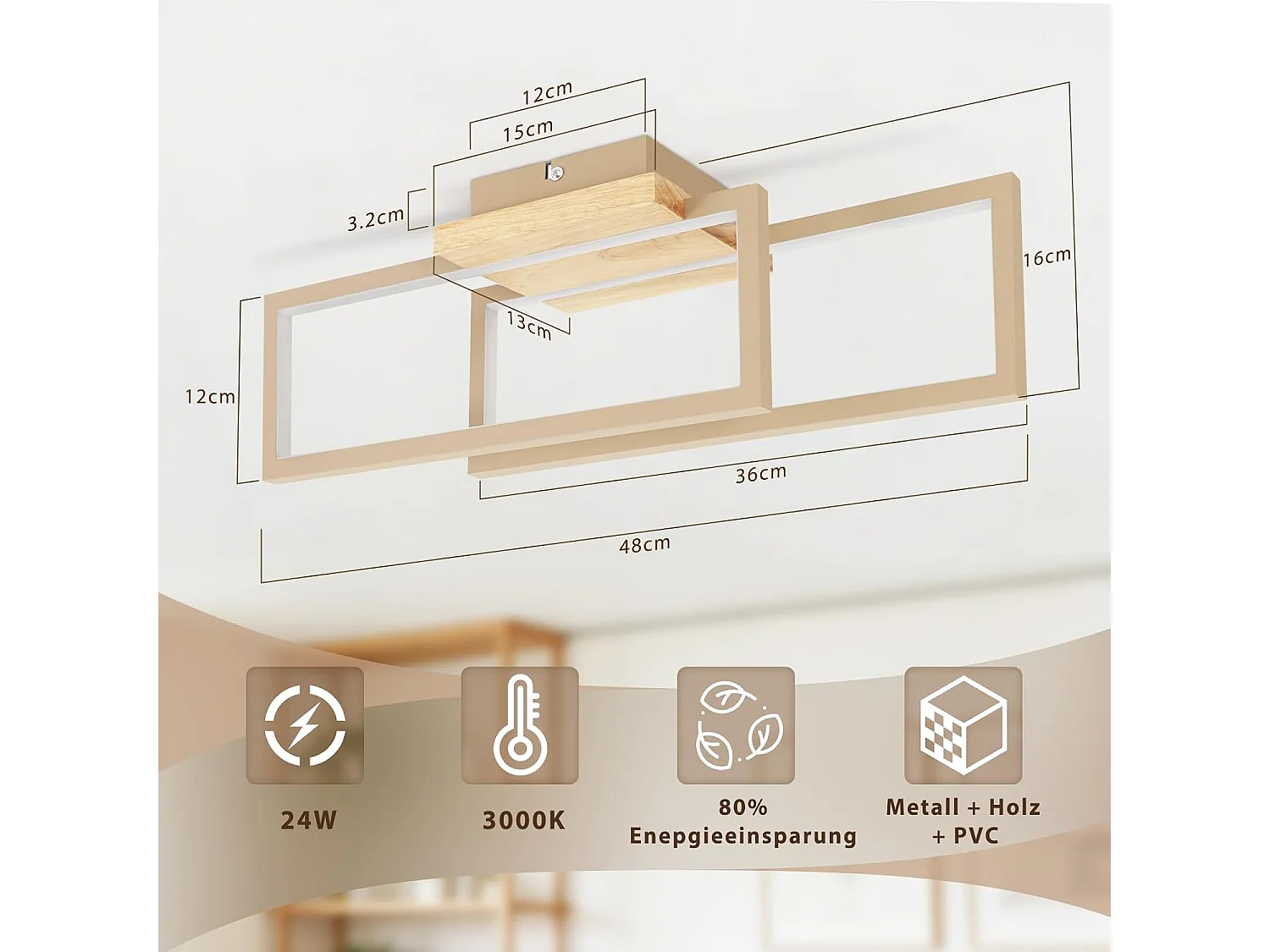 Nettlife 24W Moderne rechteckige LED-Deckenleuchte, Holzoptik, für Wohnzimmer, Küche, Schlafzimmer, Flur, Warmweiß 3000K, 48cm