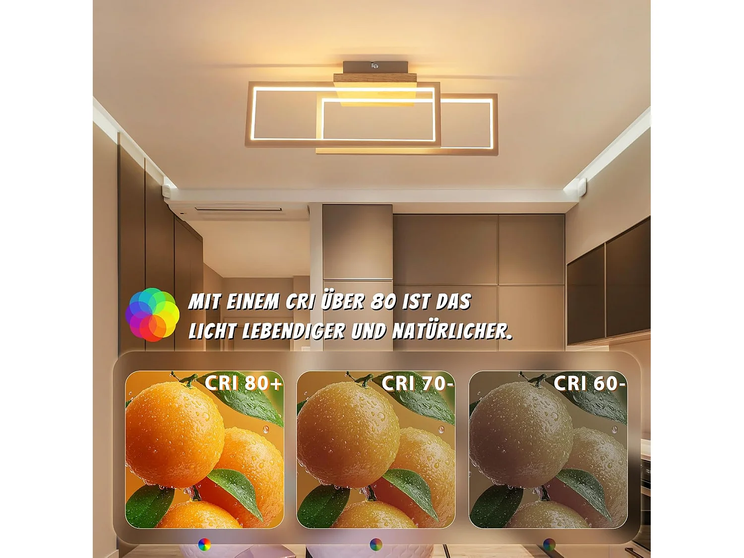 Nettlife 24W Moderne rechteckige LED-Deckenleuchte, Holzoptik, für Wohnzimmer, Küche, Schlafzimmer, Flur, Warmweiß 3000K, 48cm