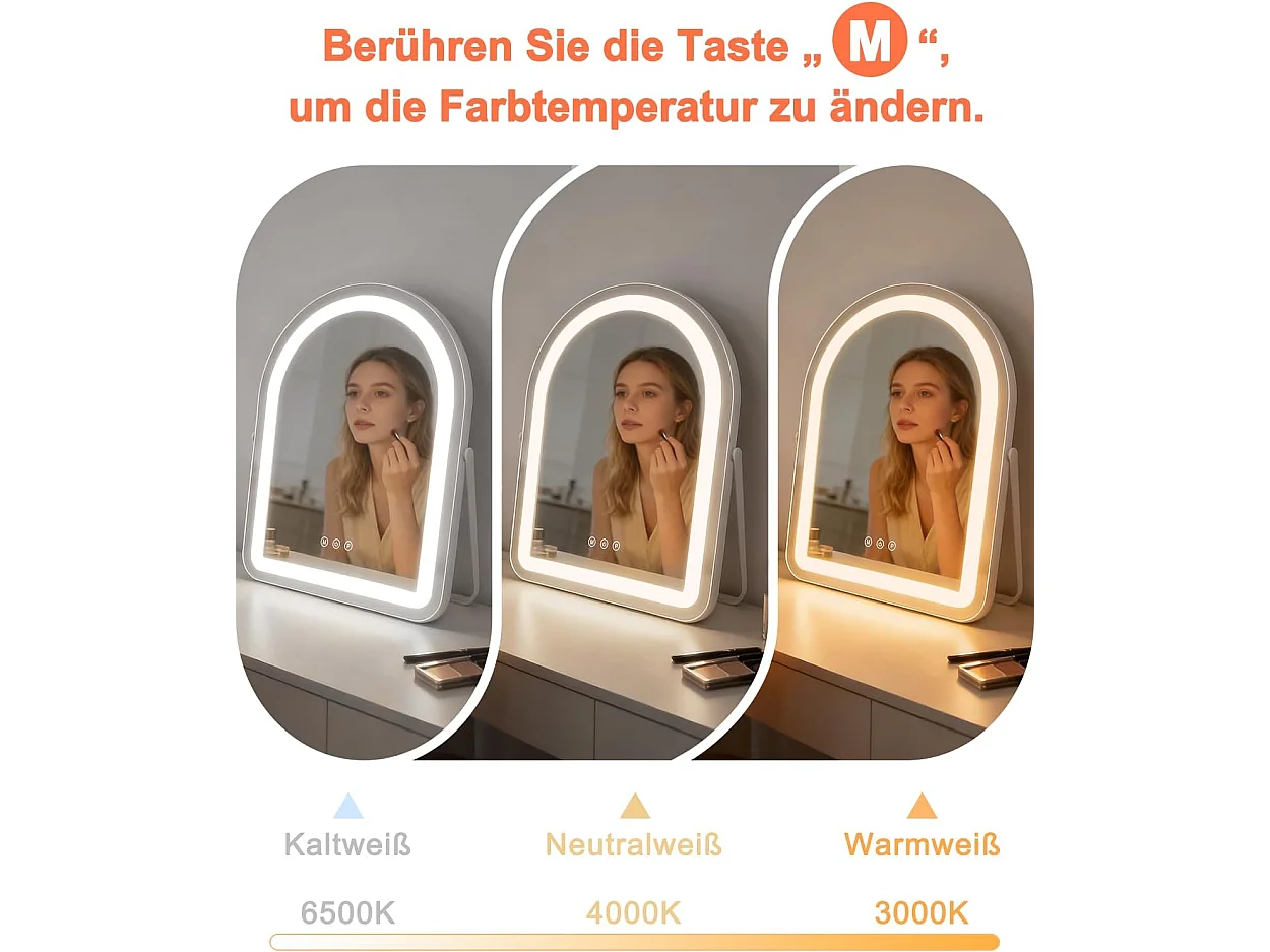 NETTLIFE Hollywood Lustro do makijażu LED 35x45 cm – Lustro stołowe z funkcją dotykową i ściemniania, 3 tryby oświetlenia, designerskie lustro kosmetyczne
