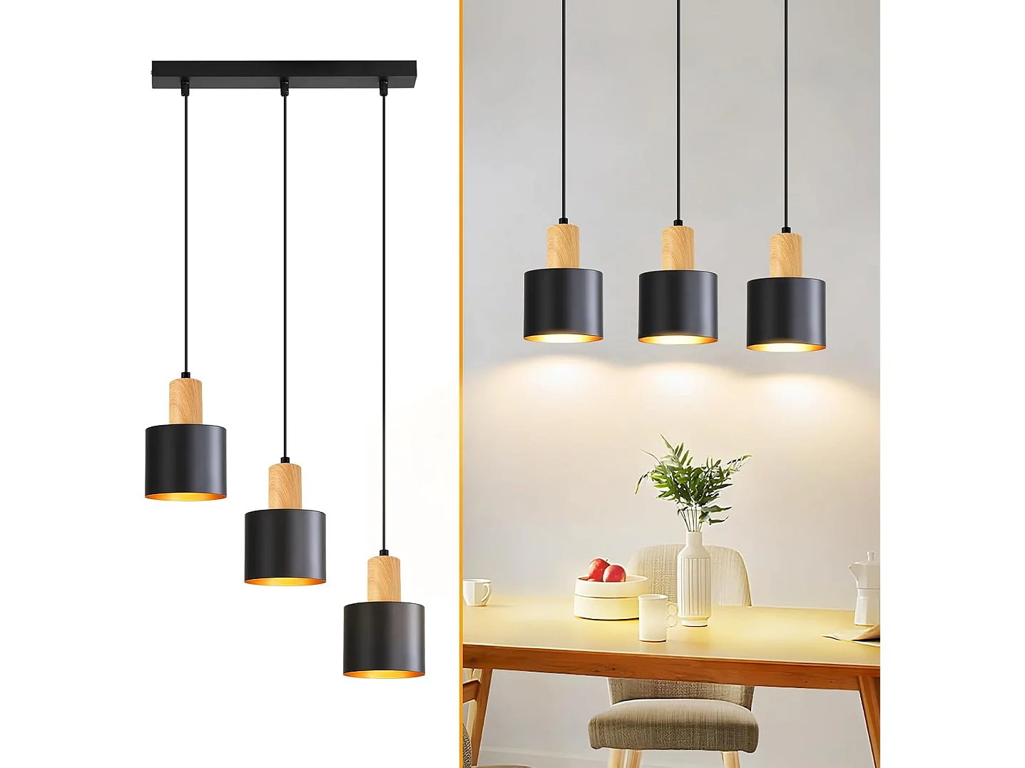 Nettlife Suspension E27 Vintage Noir 3 Lampes, Lustre Table à Manger Hauteur Réglable, Luminaire Industriel pour Salle à Manger, Sans Ampoule