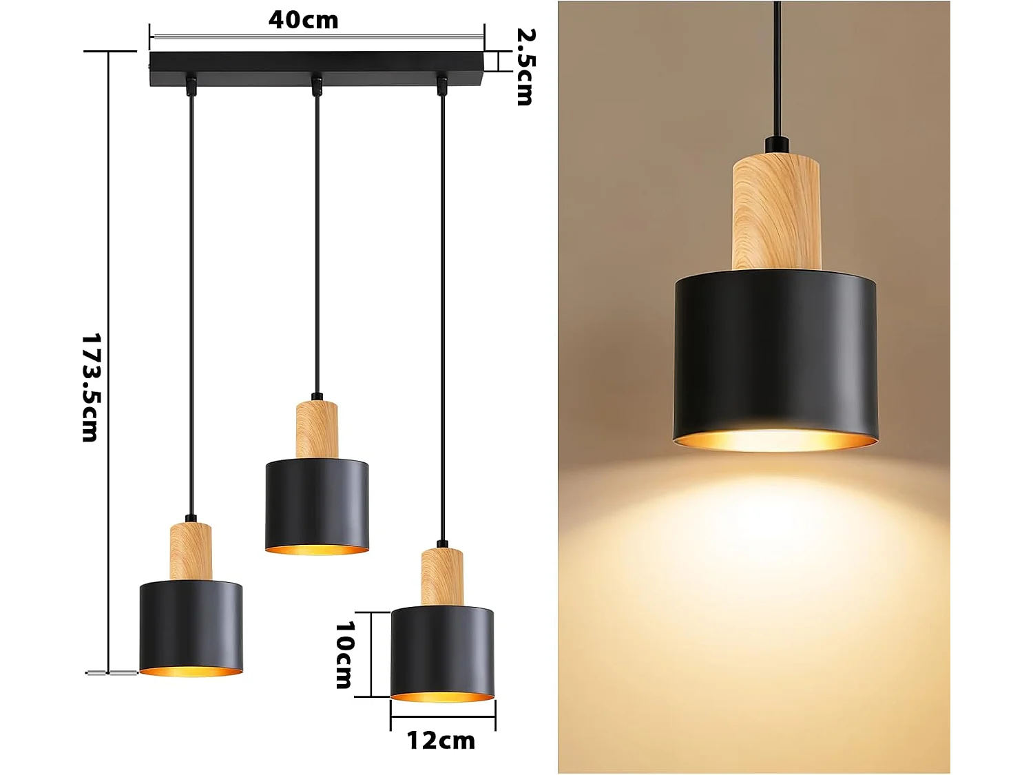 Nettlife Suspension E27 Vintage Noir 3 Lampes, Lustre Table à Manger Hauteur Réglable, Luminaire Industriel pour Salle à Manger, Sans Ampoule