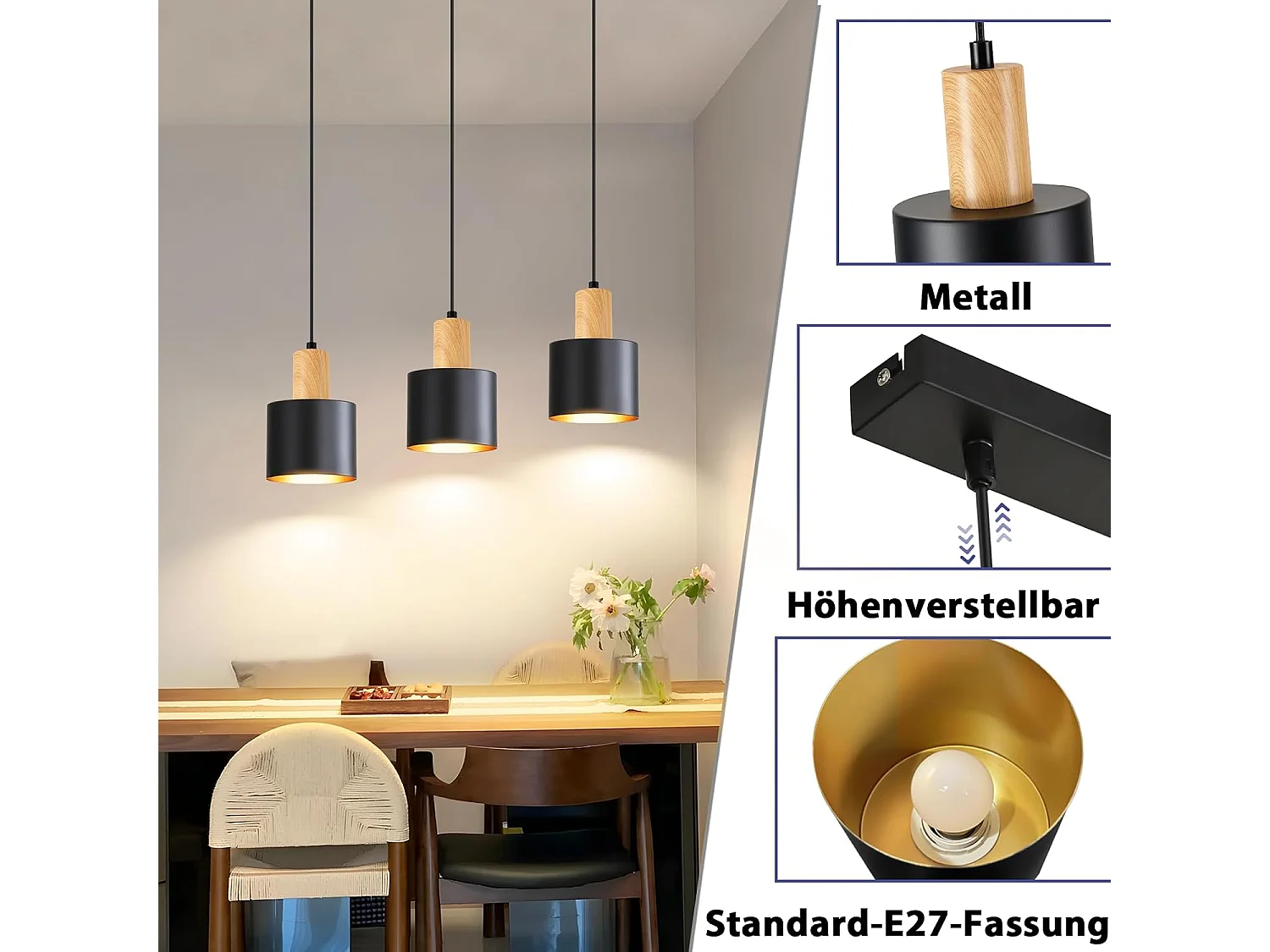 Nettlife Suspension E27 Vintage Noir 3 Lampes, Lustre Table à Manger Hauteur Réglable, Luminaire Industriel pour Salle à Manger, Sans Ampoule