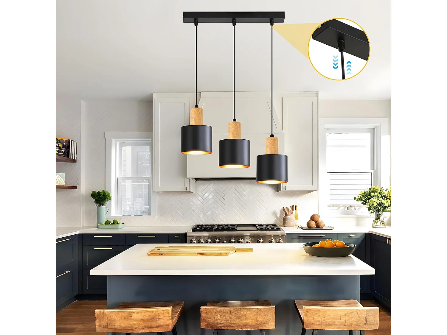 Nettlife Suspension E27 Vintage Noir 3 Lampes, Lustre Table à Manger Hauteur Réglable, Luminaire Industriel pour Salle à Manger, Sans Ampoule