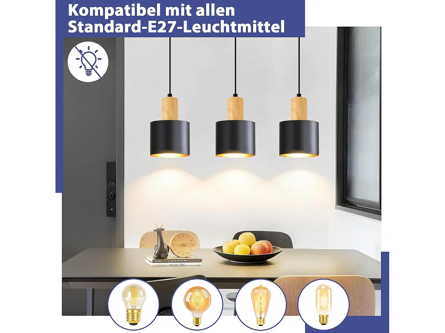 Nettlife Suspension E27 Vintage Noir 3 Lampes, Lustre Table à Manger Hauteur Réglable, Luminaire Industriel pour Salle à Manger, Sans Ampoule