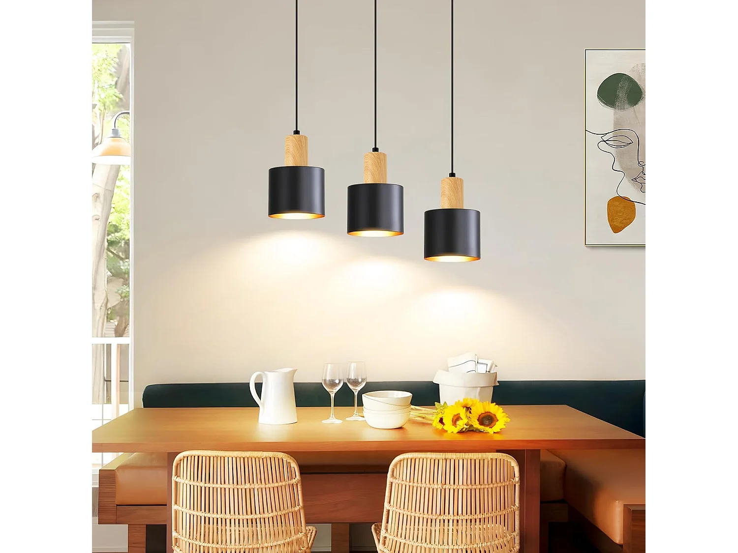 Nettlife Suspension E27 Vintage Noir 3 Lampes, Lustre Table à Manger Hauteur Réglable, Luminaire Industriel pour Salle à Manger, Sans Ampoule