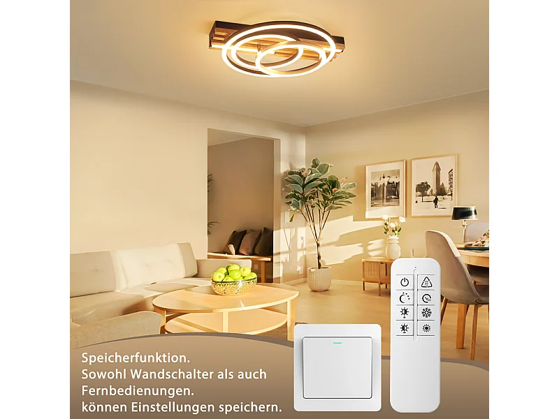 Lampa sufitowa LED Nettlife 44 W, wykończenie z czarnego drewna, ściemnialna, nowoczesny design. Lampa sufitowa do sypialni. Z funkcją pamięci ustawień.