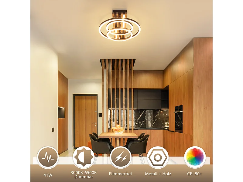 Lampa sufitowa LED Nettlife 44 W, wykończenie z czarnego drewna, ściemnialna, nowoczesny design. Lampa sufitowa do sypialni. Z funkcją pamięci ustawień.