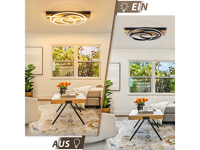 Lampa sufitowa LED Nettlife 44 W, wykończenie z czarnego drewna, ściemnialna, nowoczesny design. Lampa sufitowa do sypialni. Z funkcją pamięci ustawień.