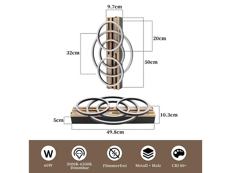 Lampa sufitowa LED Nettlife 60 W, czarne drewno, ściemnialna, 50 cm, nowoczesny design. Lampa sufitowa do sypialni, salonu, kuchni. Funkcja pamięci ustawień.