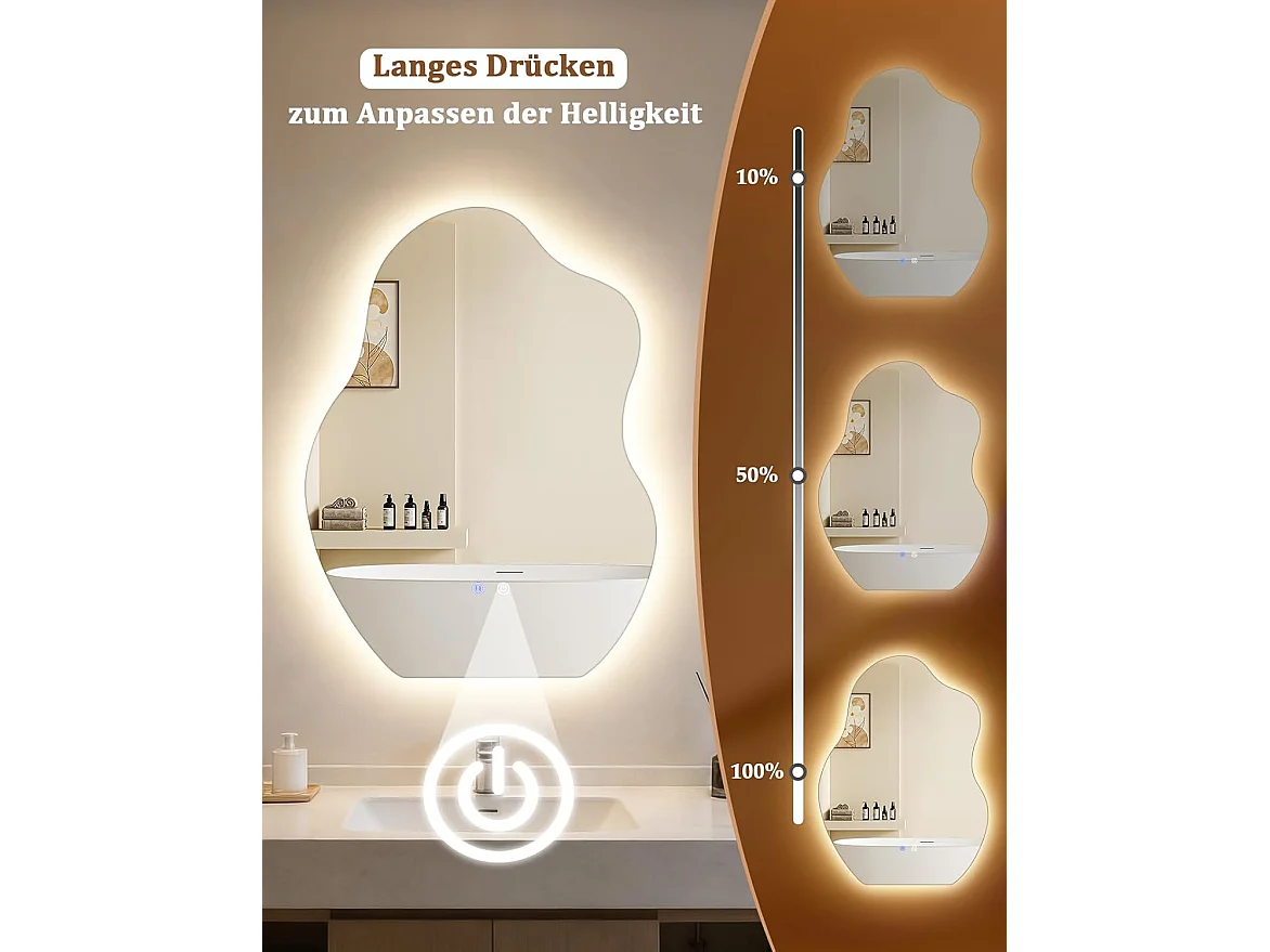 Nettlife Miroir de Salle de Bain LED Asymétrique 60 × 80 cm, Tactile, Antibuée, Dimmable 3000-6500 K, IP44, Mural. Miroir Lumineux Design., INTENSITÉ RÉGLABLE