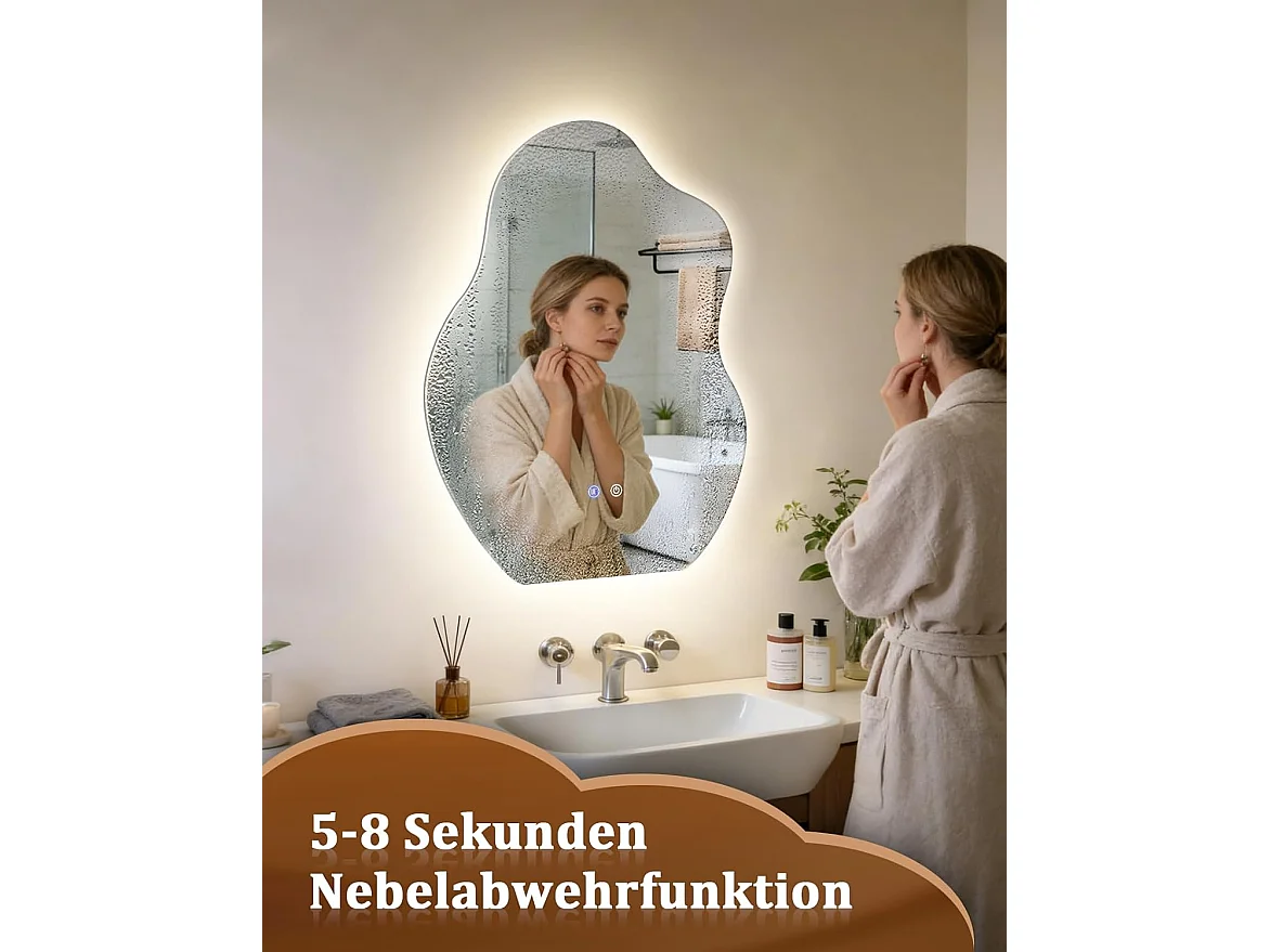 Nettlife Miroir de Salle de Bain LED Asymétrique 60 × 80 cm, Tactile, Antibuée, Dimmable 3000-6500 K, IP44, Mural. Miroir Lumineux Design., INTENSITÉ RÉGLABLE