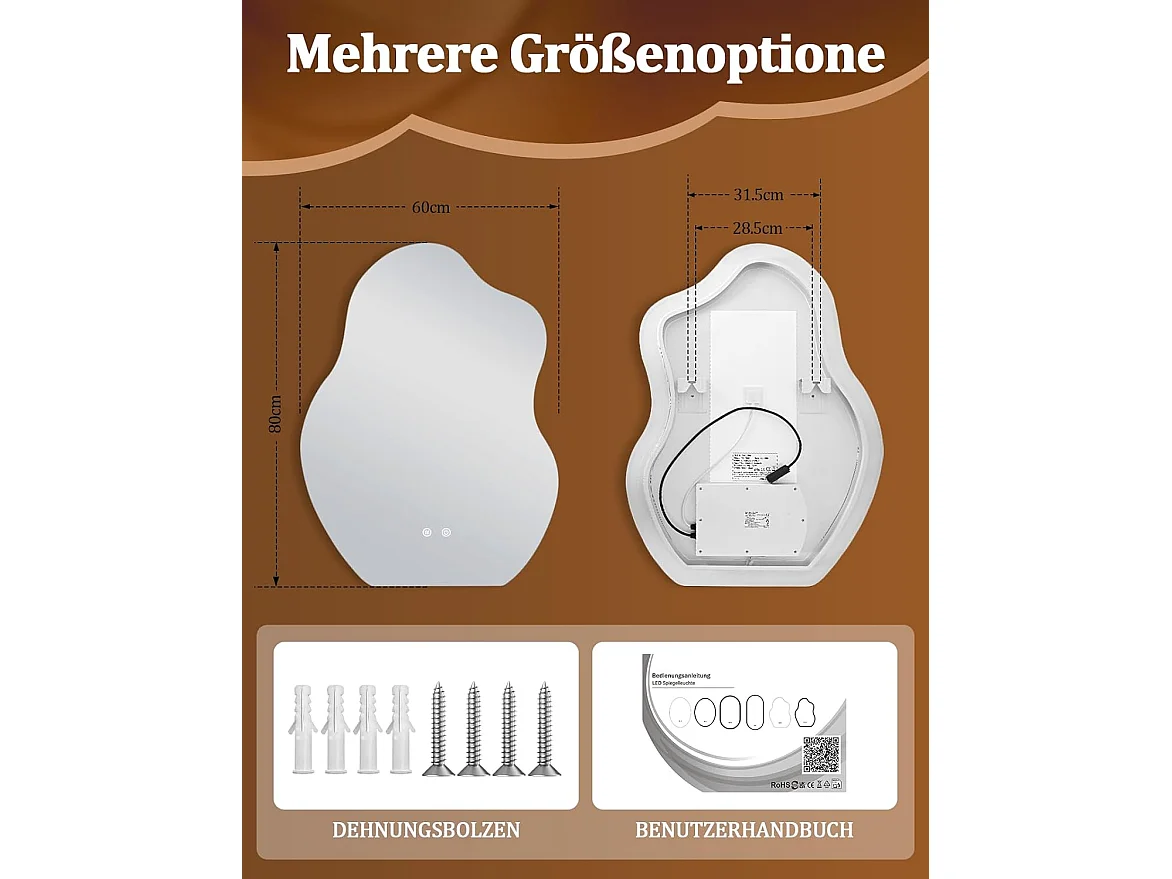 Nettlife Miroir de Salle de Bain LED Asymétrique 60 × 80 cm, Tactile, Antibuée, Dimmable 3000-6500 K, IP44, Mural. Miroir Lumineux Design., INTENSITÉ RÉGLABLE