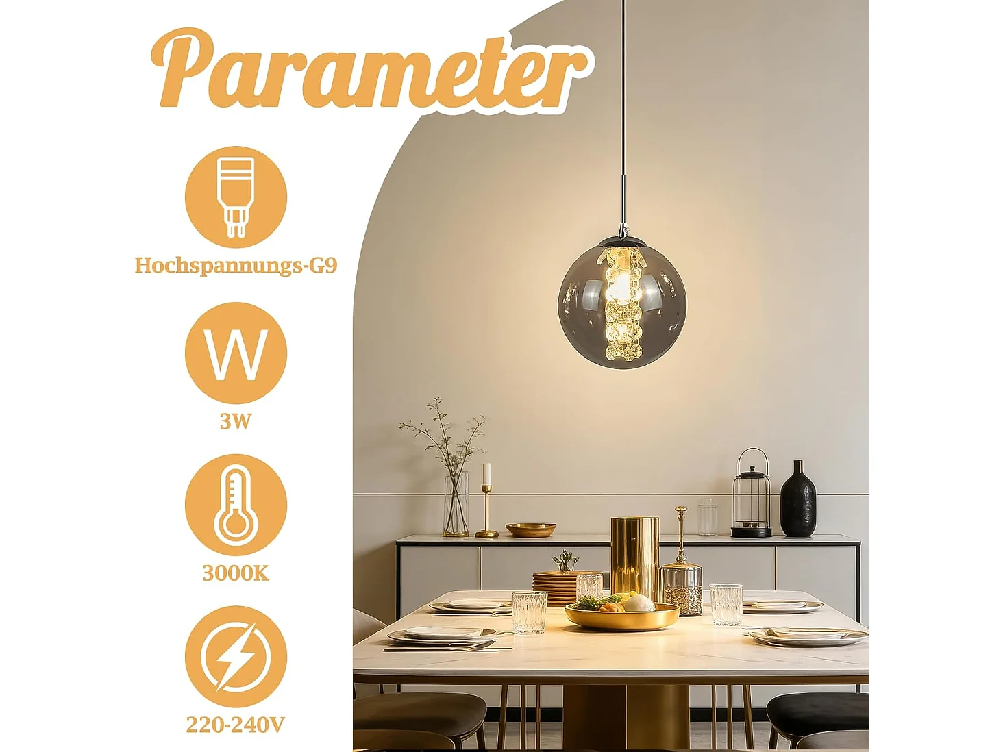 Nettlife Suspension Moderne Verre Gris Fumé G9, Lustre Hauteur Réglable 120cm pour Table à Manger, Chambre, Cuisine, Bar