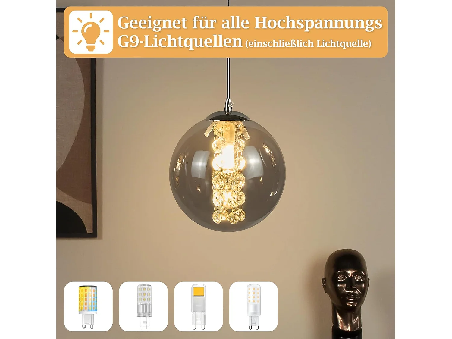 Nettlife Suspension Moderne Verre Gris Fumé G9, Lustre Hauteur Réglable 120cm pour Table à Manger, Chambre, Cuisine, Bar