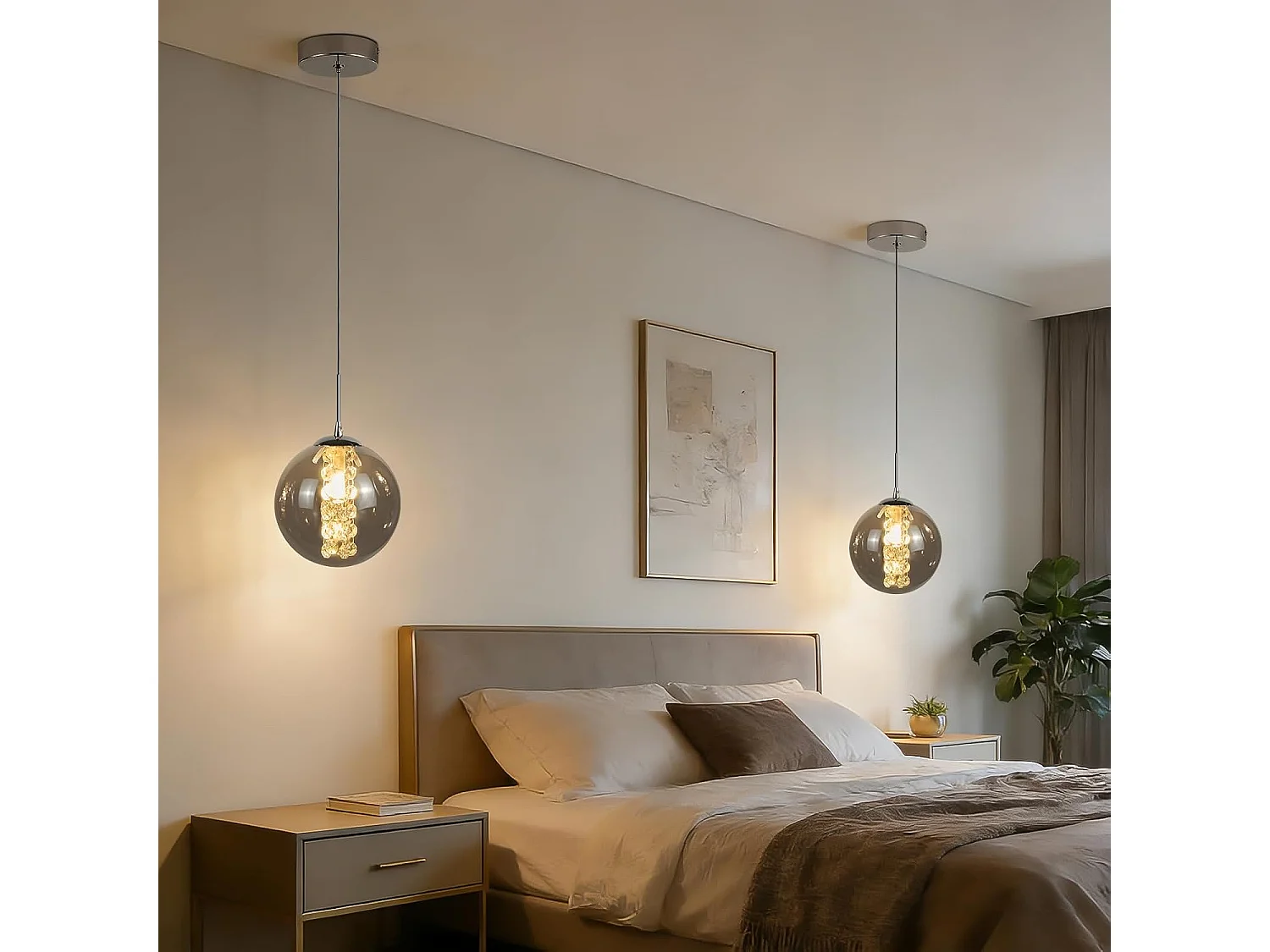 Nettlife Suspension Moderne Verre Gris Fumé G9, Lustre Hauteur Réglable 120cm pour Table à Manger, Chambre, Cuisine, Bar