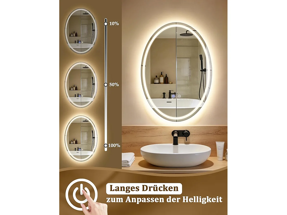 Nettlife Miroir de Salle de Bain Ovale LED 50 × 70 cm, Tactile, Antibuée, Dimmable 3000-6500 K, IP44, Mural. Miroir Lumineux Design., Intensité lumineuse réglable