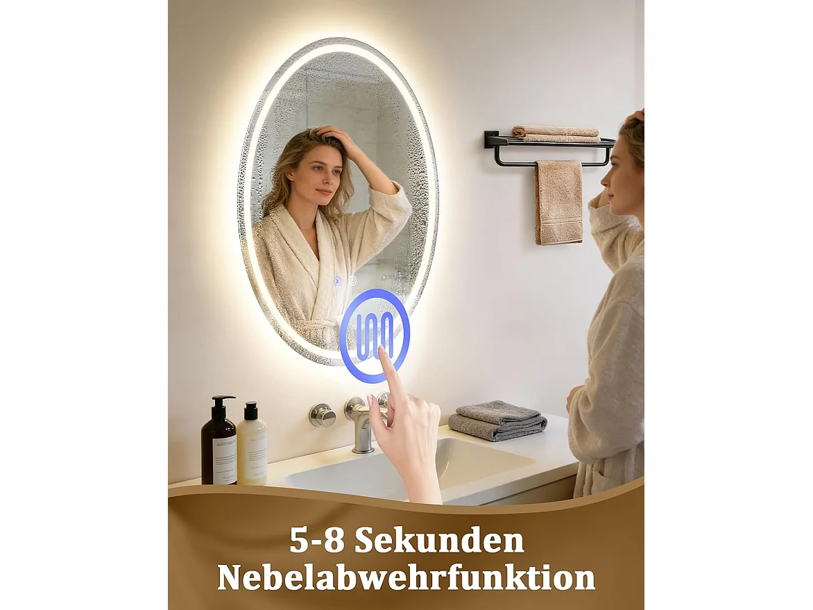 Nettlife Miroir de Salle de Bain Ovale LED 50 × 70 cm, Tactile, Antibuée, Dimmable 3000-6500 K, IP44, Mural. Miroir Lumineux Design., Intensité lumineuse réglable