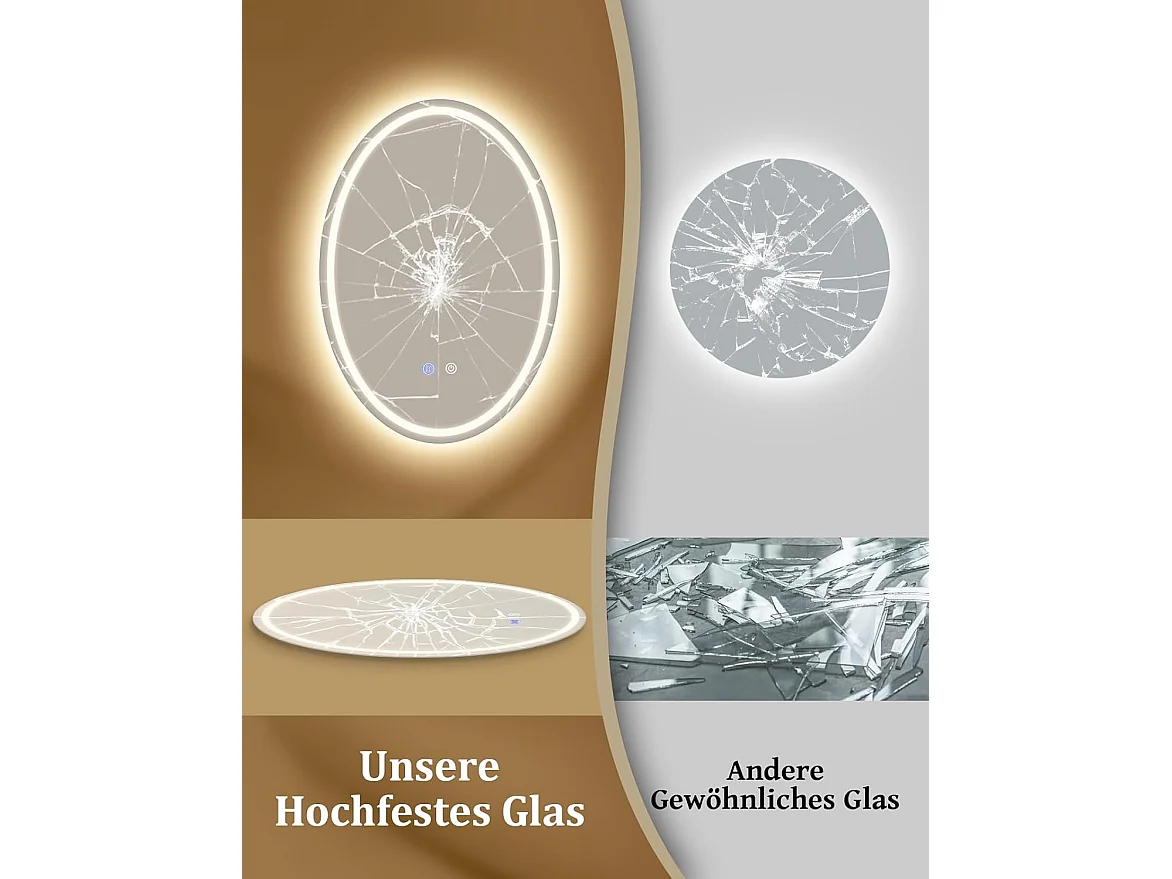 Nettlife Miroir de Salle de Bain Ovale LED 50 × 70 cm, Tactile, Antibuée, Dimmable 3000-6500 K, IP44, Mural. Miroir Lumineux Design., Intensité lumineuse réglable