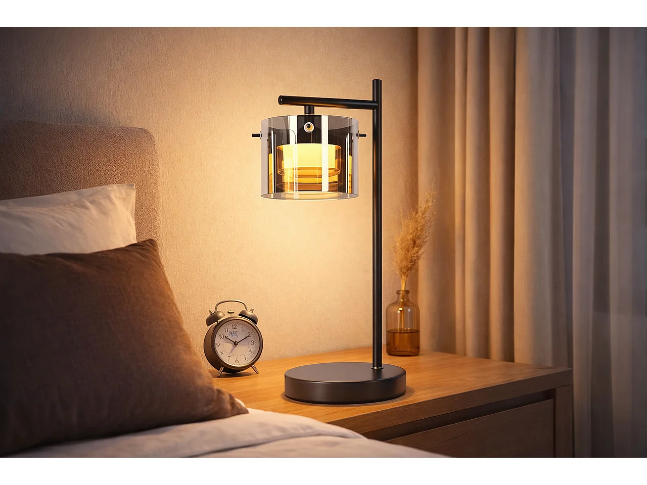 NETTLIFE Lampe à Poser LED avec Câble, Lampe de Chevet Noire en Verre Fumé et Métal, Lumière Chaude Moderne pour Salon, Chambre, Bureau, Couloir