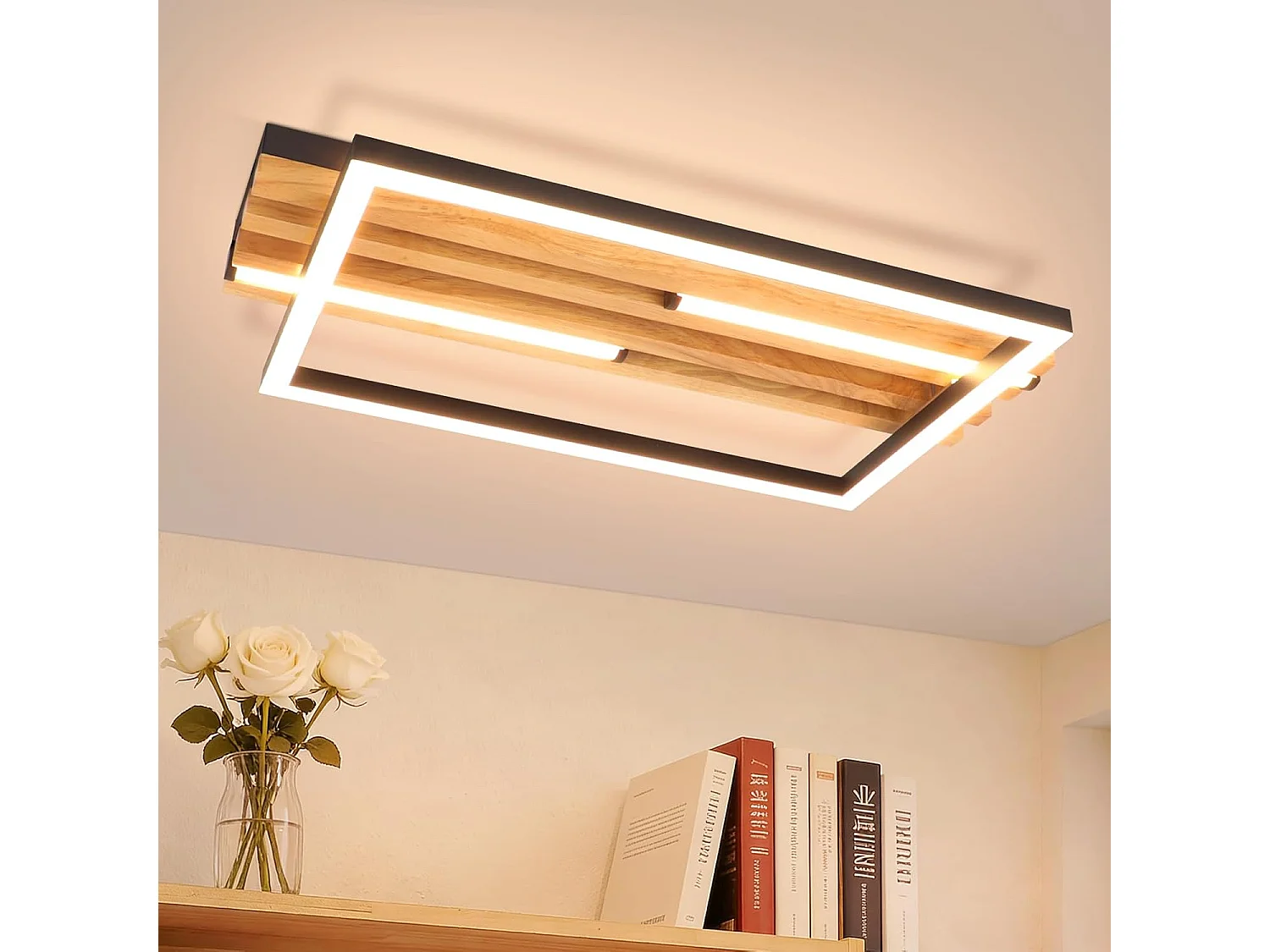 NETTLIFE 38 cm, 24 W, nowoczesna drewniana lampa sufitowa LED, prostokątna, czarna, 3000 K, ciepła biel, do salonu, sypialni, kuchni, przedpokoju, biura