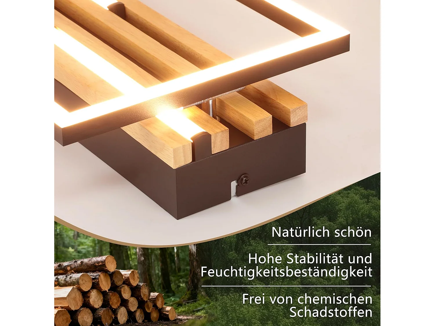NETTLIFE 38 cm, 24 W, nowoczesna drewniana lampa sufitowa LED, prostokątna, czarna, 3000 K, ciepła biel, do salonu, sypialni, kuchni, przedpokoju, biura