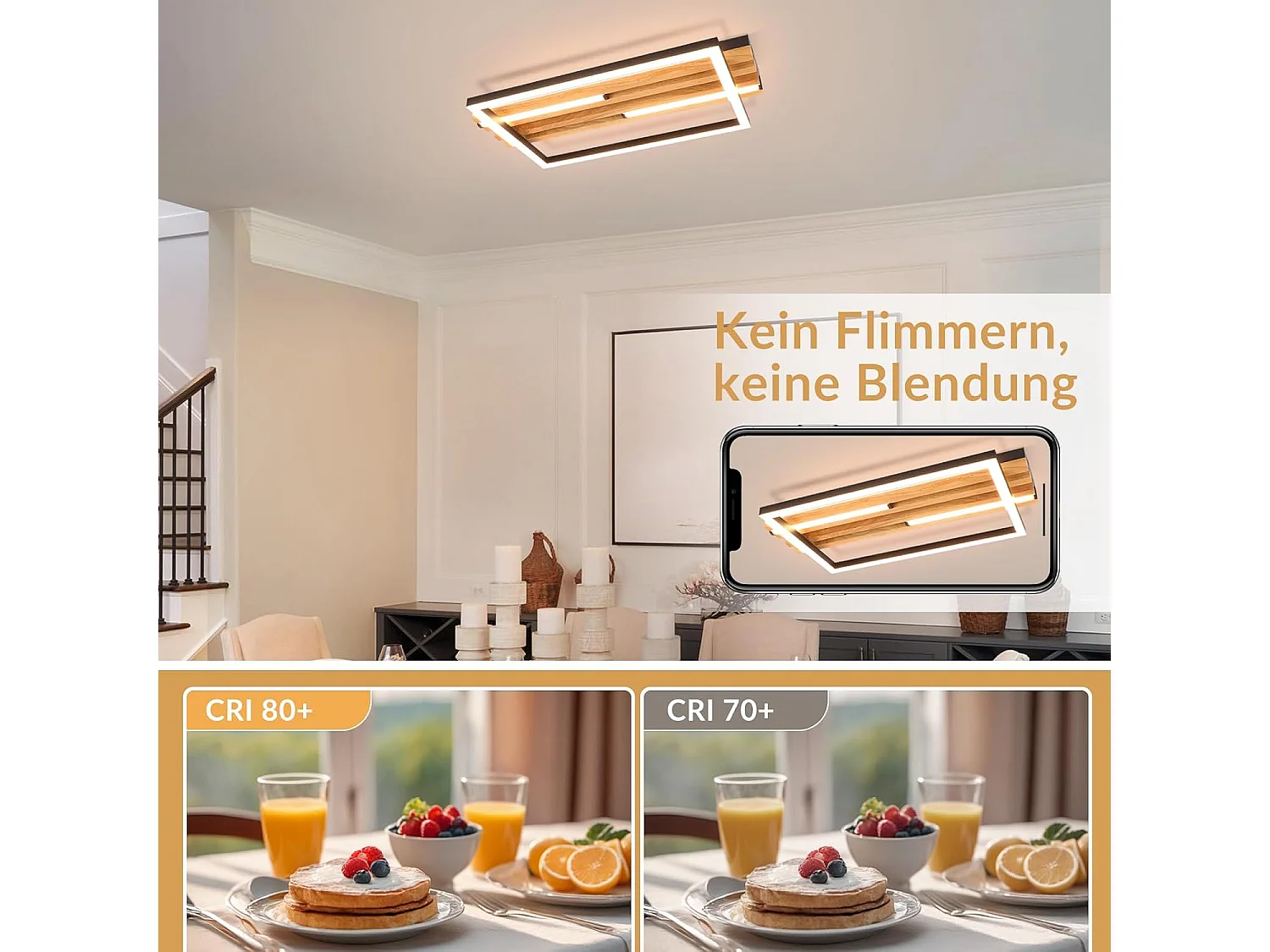 NETTLIFE 38 cm, 24 W, nowoczesna drewniana lampa sufitowa LED, prostokątna, czarna, 3000 K, ciepła biel, do salonu, sypialni, kuchni, przedpokoju, biura