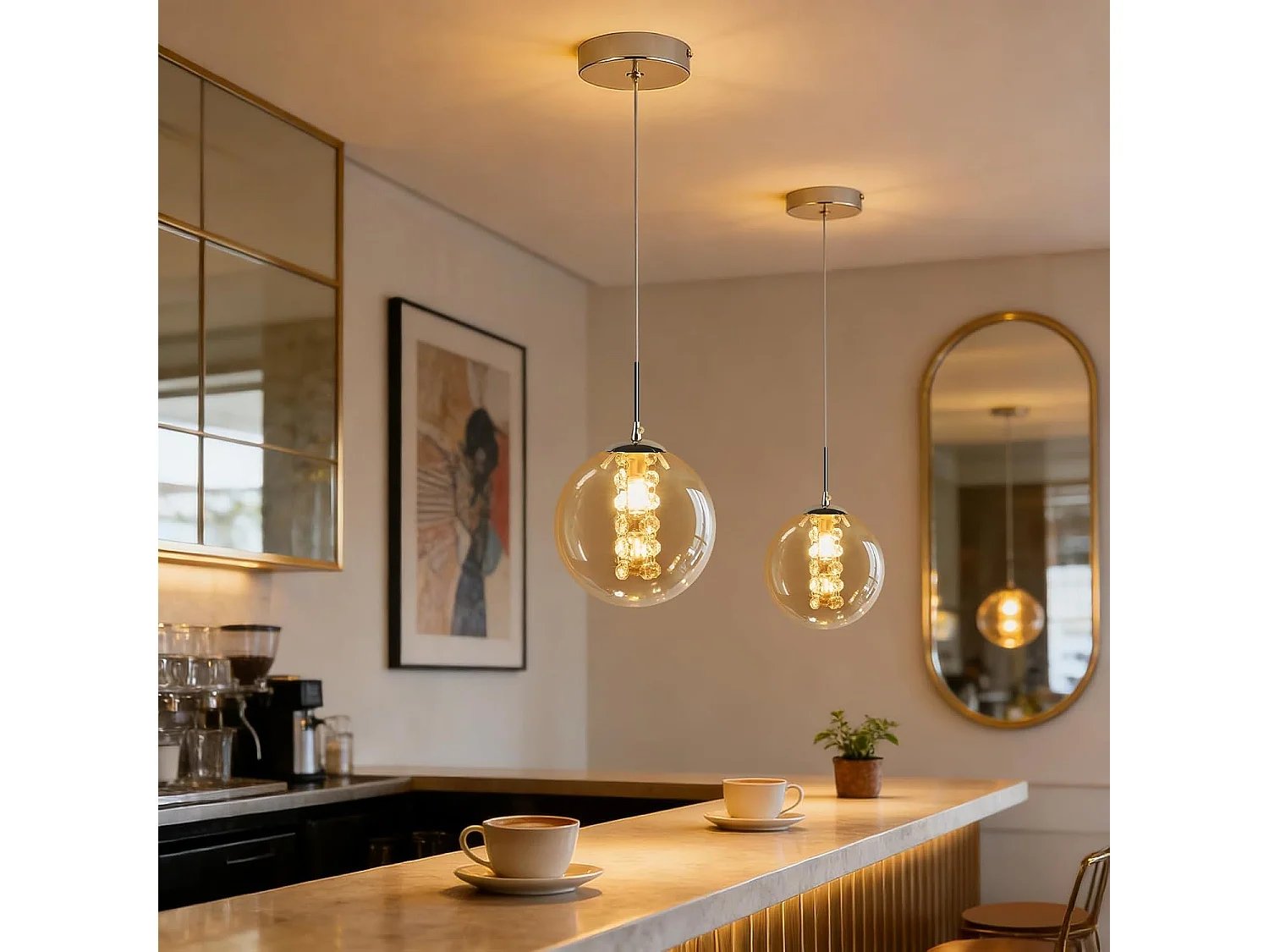 Nettlife Moderne Pendelleuchte G9 aus bernsteinfarbenem Glas, höhenverstellbarer Kronleuchter 120 cm, Designerleuchte für Esstisch