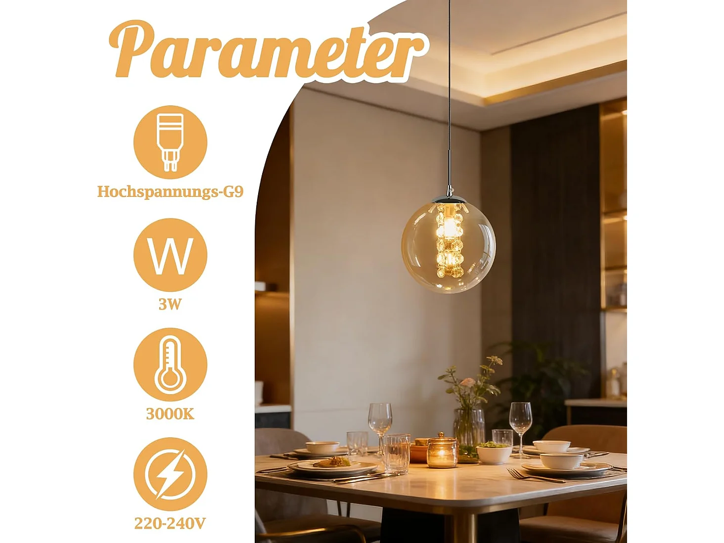 Nettlife Moderne Pendelleuchte G9 aus bernsteinfarbenem Glas, höhenverstellbarer Kronleuchter 120 cm, Designerleuchte für Esstisch