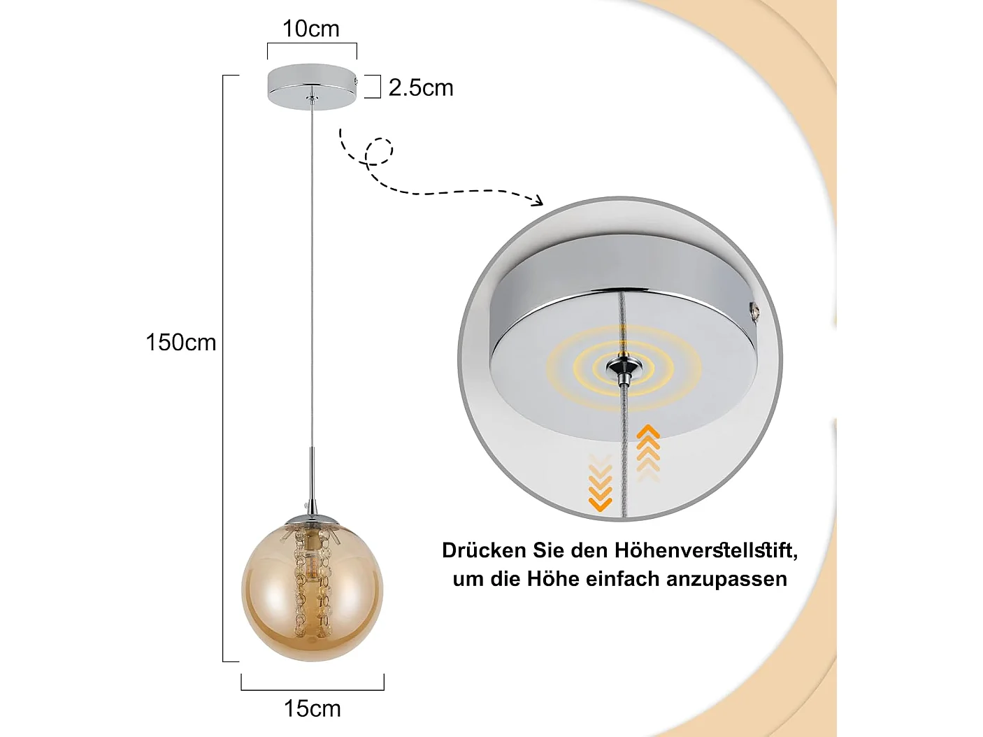 Nettlife Moderne Pendelleuchte G9 aus bernsteinfarbenem Glas, höhenverstellbarer Kronleuchter 120 cm, Designerleuchte für Esstisch