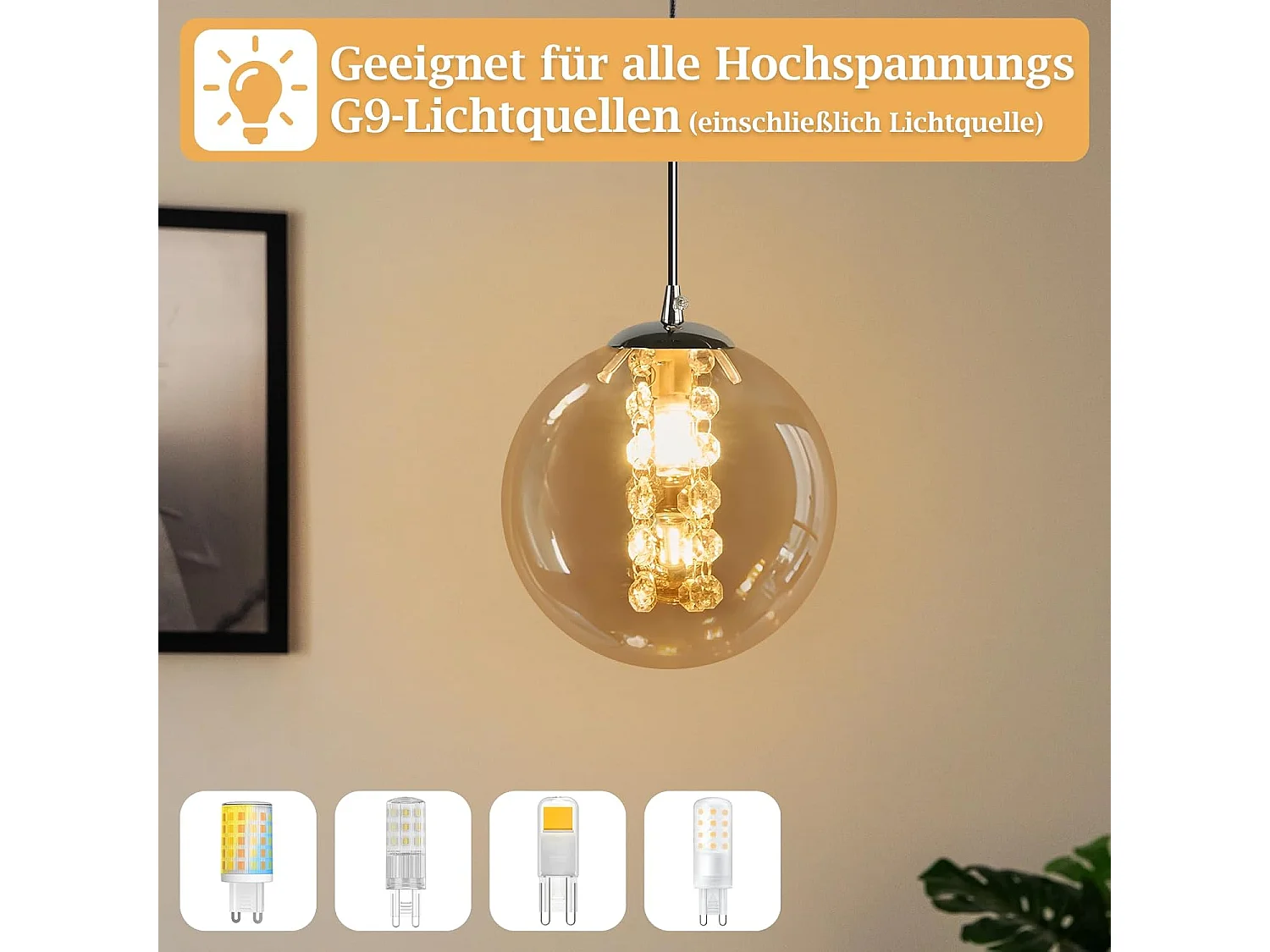 Nettlife Moderne Pendelleuchte G9 aus bernsteinfarbenem Glas, höhenverstellbarer Kronleuchter 120 cm, Designerleuchte für Esstisch